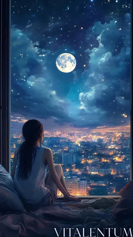 Moonlit city hums while a window-sill dreamer keeps watch