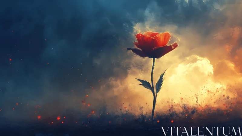 Solitary crimson flower rising through luminous storms.