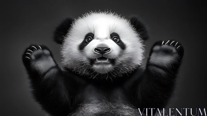 Wide-eyed baby panda throws a fuzzy monochrome high-five.