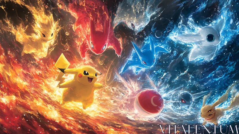 Elemental creatures in opposing fire and water vortexes.