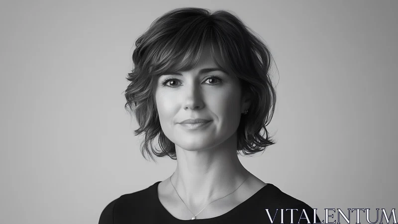Calm monochrome portrait of a poised, short-haired woman.