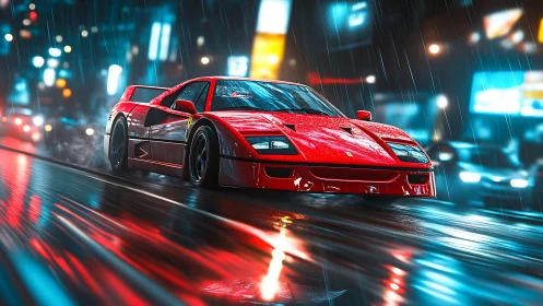 Red sports coupe on wet neon city street at night.