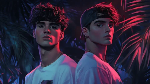 Neon jungle twins standing back to back in electric dusk.