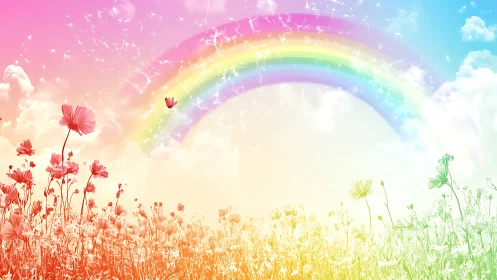 Rainbow arc above pastel-toned flower meadow under clouds.