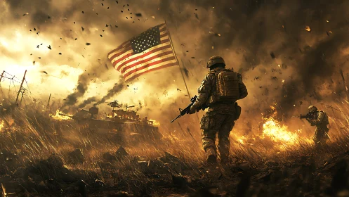 Combat infantry advance beneath turbulent flag in firestormed theater.