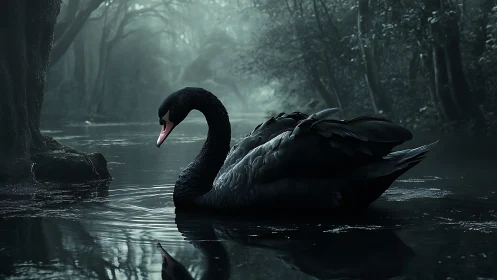 Nocturnal black swan drifting through misted forest waters.