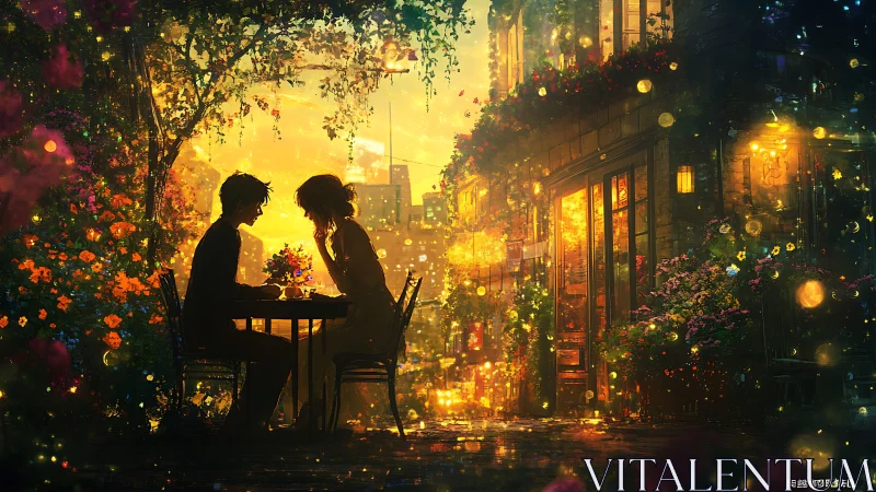 Golden evening café romance beneath glowing city lights.