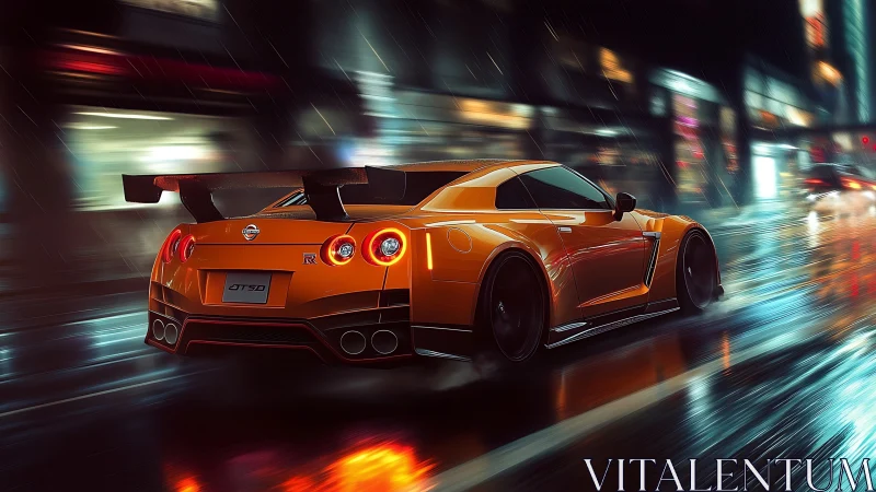 Orange Nissan GT-R GT50 racing on wet neon city street at night