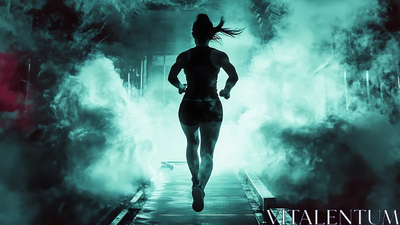 Backlit female athlete running through teal smoke tunnel