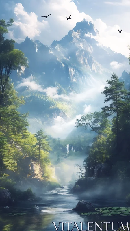 Mountain valley river flows beneath towering misty peaks