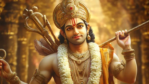 Divine warrior prince holding bow in radiant temple light