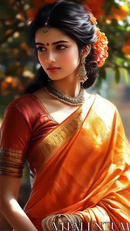 Elegant woman in orange silk saree gazes into soft sunlight.