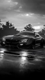Widebody BMW coupe in moody monochrome rain-soaked scene.