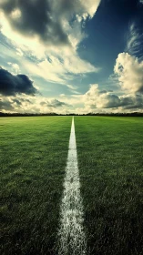 Straight white field line across grass under clouded sky.