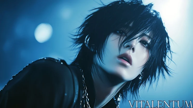 Blue backlit androgynous portrait with wet cyberpunk hair.