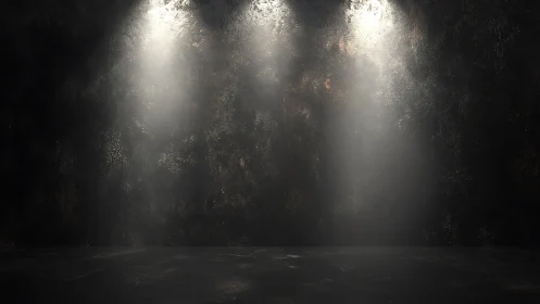 Photorealistic empty stage with moody triple spotlighting.