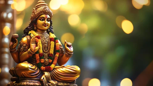 Radiant Hindu deity statue bathed in golden temple light.