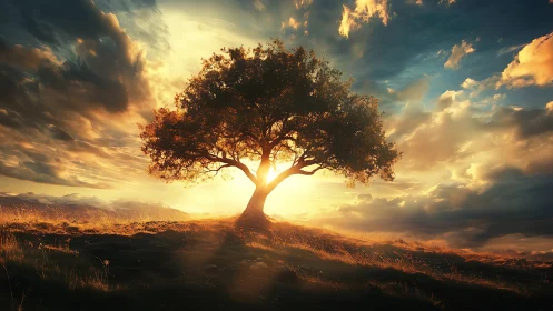 Golden hilltop tree aglow in a dreamy sunset sky.