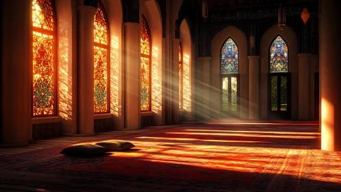 Golden sunlight pours into a tranquil mosque interior