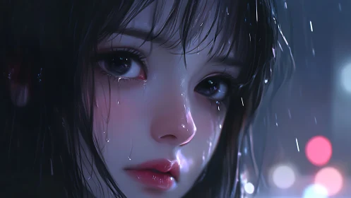 Digital close-up portrait shows wet face under nighttime rain