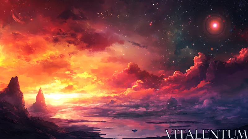 Dreamy cosmic sunset ripples gently across an alien sea