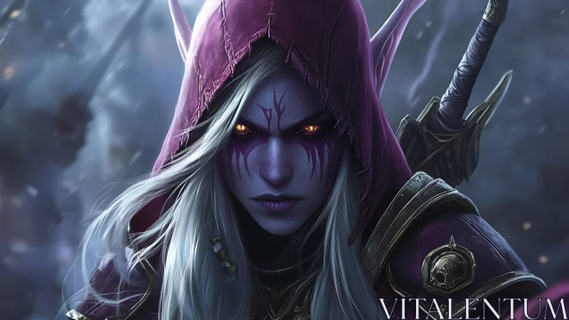 Dark elf warrior in hood with glowing eyes and war armor.