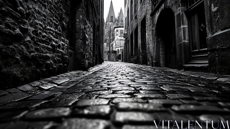 Wet cobblestone alley leads toward distant gothic cathedral