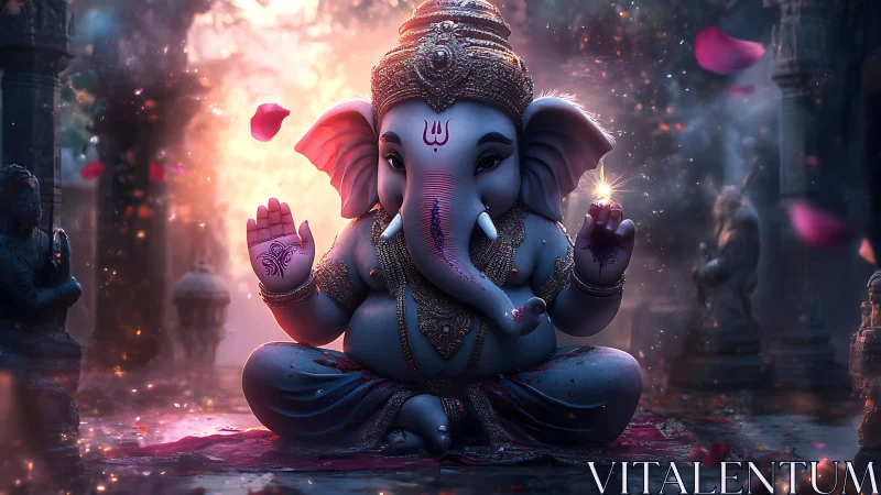 Divine elephant deity in glowing temple with drifting petals.