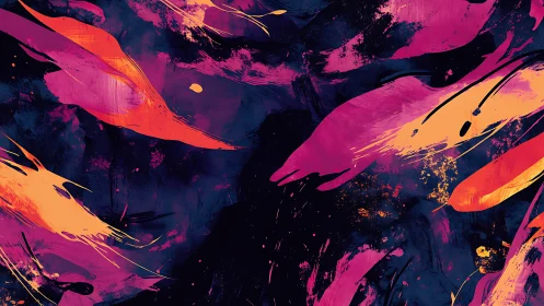 Dynamic magenta and orange brush strokes traverse deep indigo field