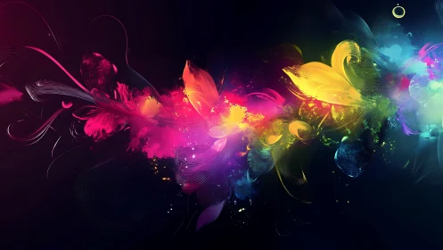 Spectrum vortex of luminous abstract petals on deep black field