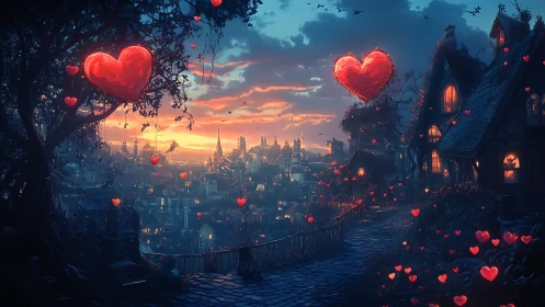 Glowing Hearts Float Over a Romantic Enchanted City