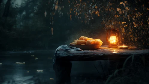 Nocturne still life on riverside table with lantern glow.