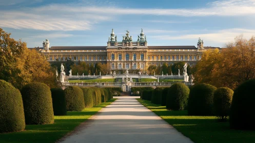 Grand palace walkway framed by sunlit formal gardens.