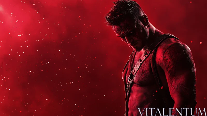 Muscular warrior in red monochrome lighting studies tension