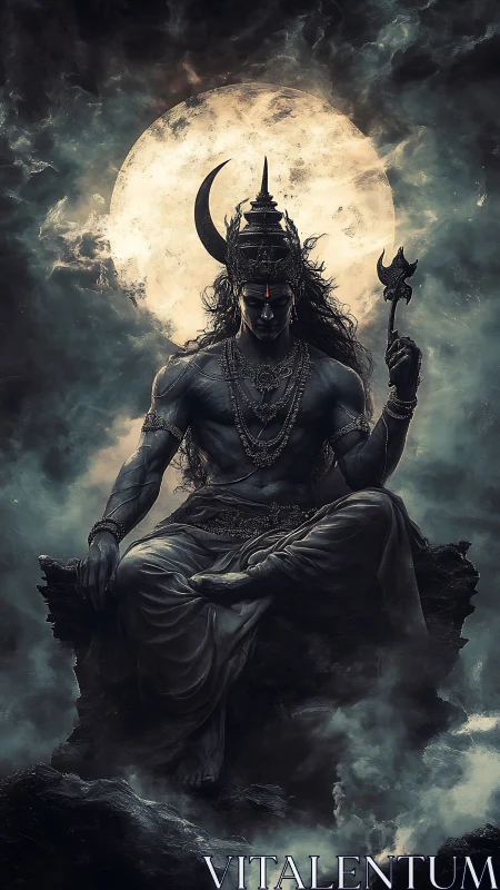 Moonlit divine warrior resting in swirling celestial mist.