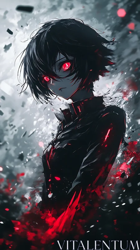 Brooding anime hero wrapped in swirling red and shadowed light.