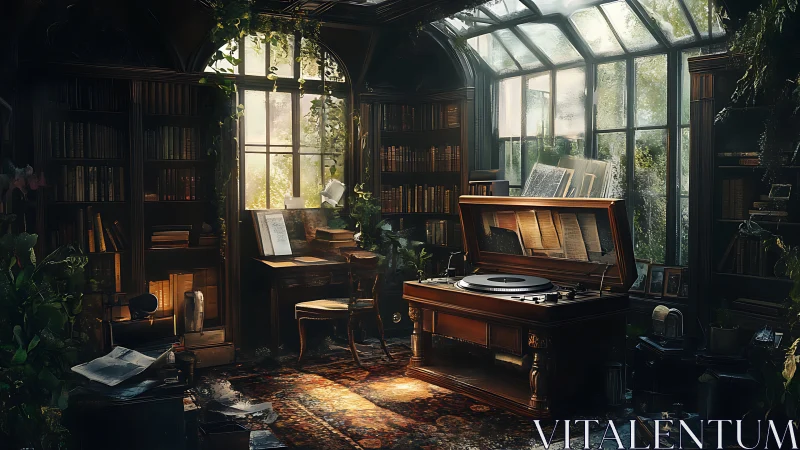 Sunlit conservatory library with vintage record player.