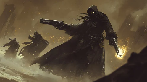 Hooded gunmen advance through smoke with firearms raised