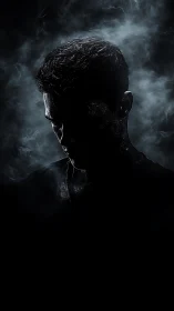 Male silhouette outlined by rim light amid dense swirling smoke