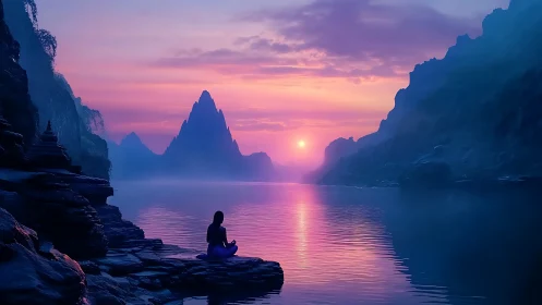 Silhouette meditates by reflective lake at vivid sunset