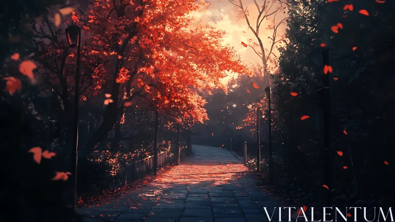 Autumn alleyway glows under diffused sunset backlighting