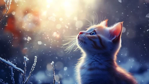 Celestial Kitten Gazes Upward Through Crystalline Snow