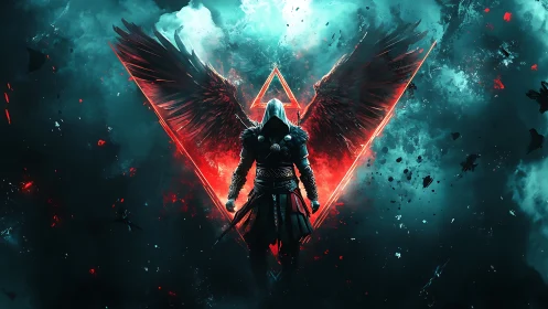 Winged hooded warrior ignites neon storm of red and teal.
