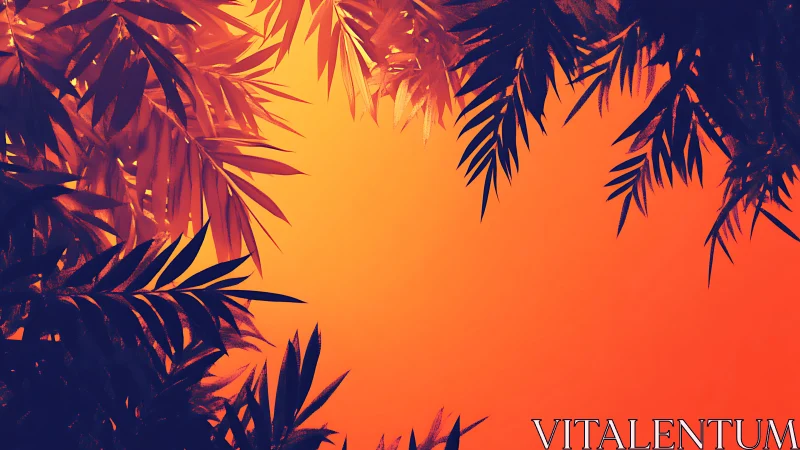 Sunlit jungle leaves glow warmly against a fiery sky