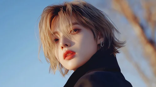 Short haired person in black coat under clear blue sky.