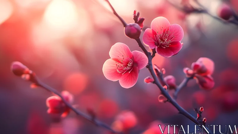 Pink Blossom Branch with Warm Backlit Glow.