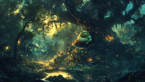 Bioluminescent forest shrine with stylized ogre under volumetric light
