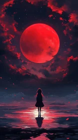 Girl watching a red moon over reflective dark water.