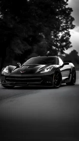 Black sports coupe cuts through moody tree-lined roadway.