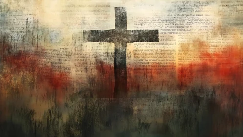 Central cross over textural field with layered script background